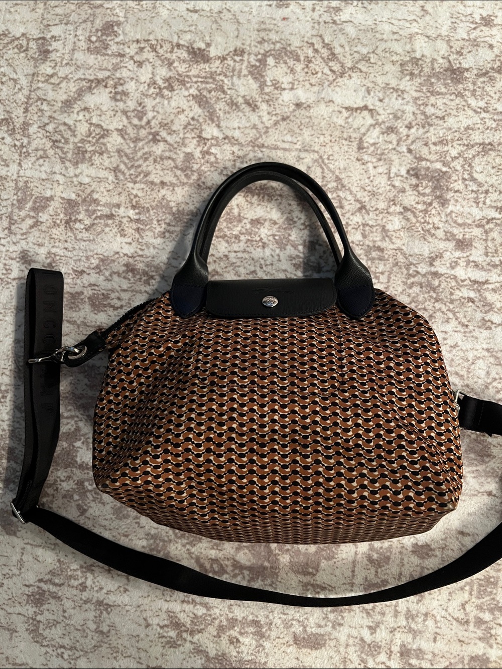 Longchamp Crossbody Pattern Tote Bag with Black Trim